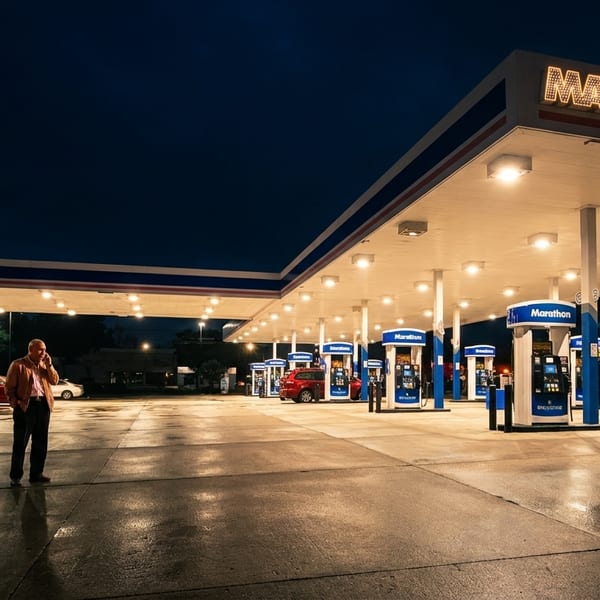 Man on phone at a brightly lit Marathon gas station at night, with wet pavement.
