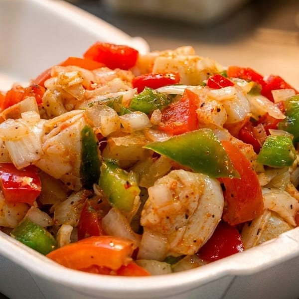 Close-up of a vibrant shrimp and vegetable salad with red and green peppers, and onions in a white container.