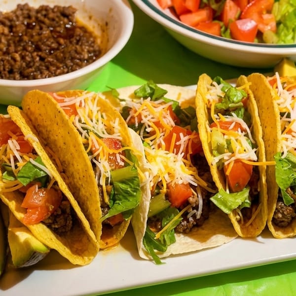 A plate of hard-shell tacos filled with ground beef, lettuce, tomatoes, and cheese, with avocado slices.