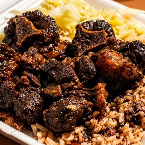 Oxtail stew with rice and peas, and steamed cabbage in a white takeout container.