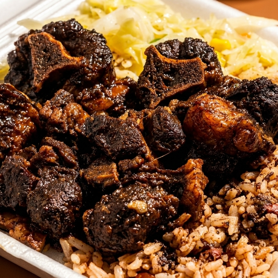 Oxtail stew with rice and peas, and steamed cabbage in a white takeout container.
