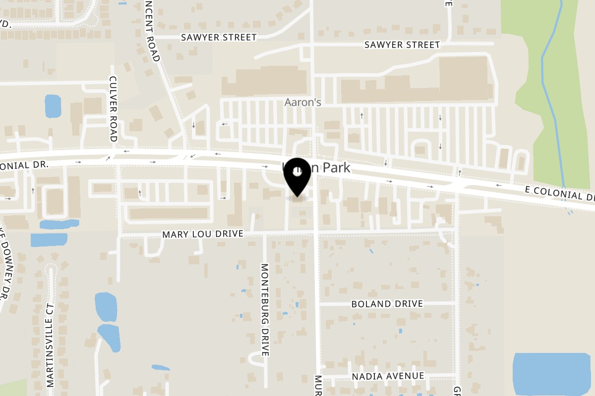 Map showing the location of France-Ella's Caribbean Cuisine on 10520 E Colonial Dr in Orlando
